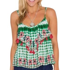 Anthropologie Green and White Ruffled Top with Embroidered Front